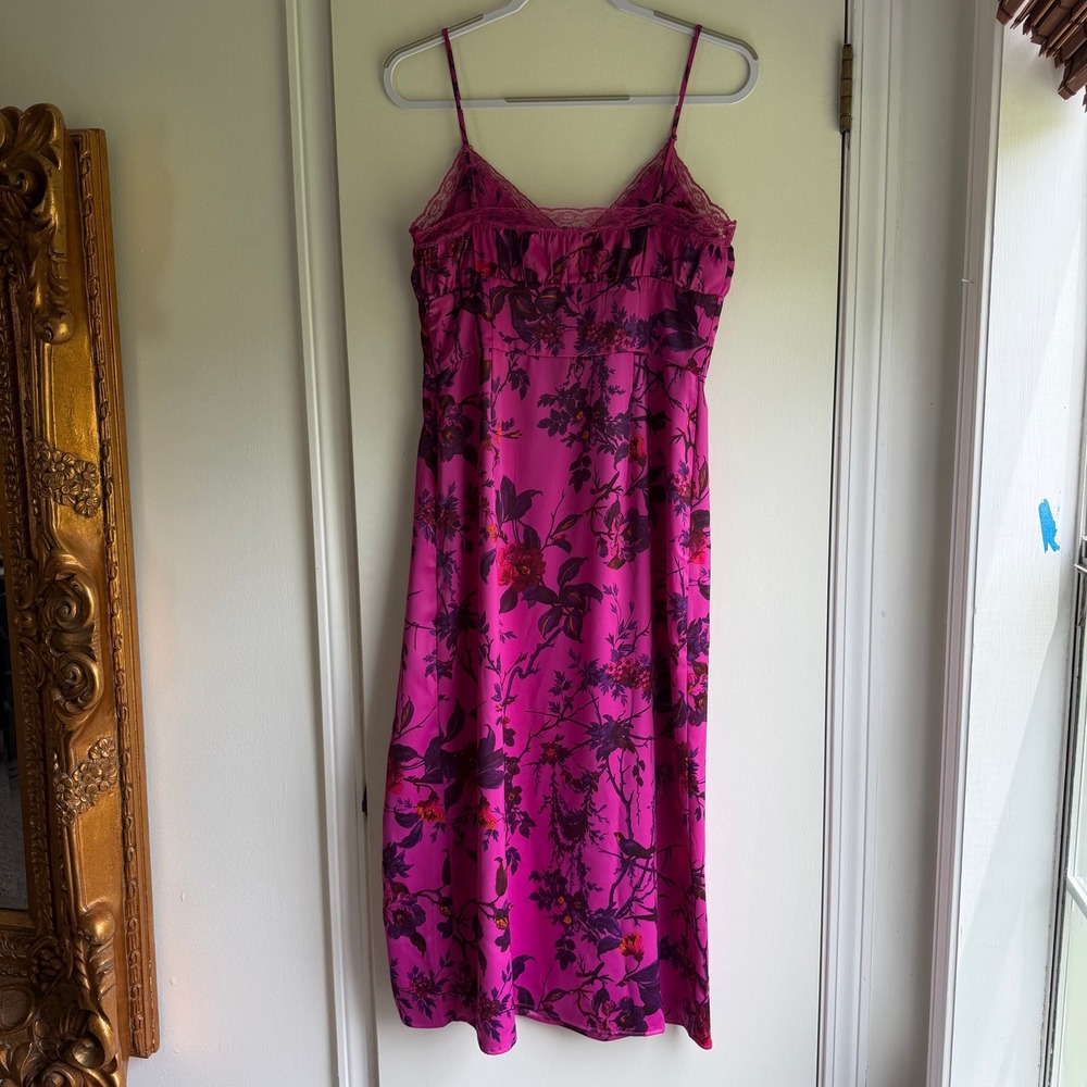 Urban Outfitters Magenta Floral Lace Trim Slip Midi Dress Large Pink Slit L - Picture 8 of 10